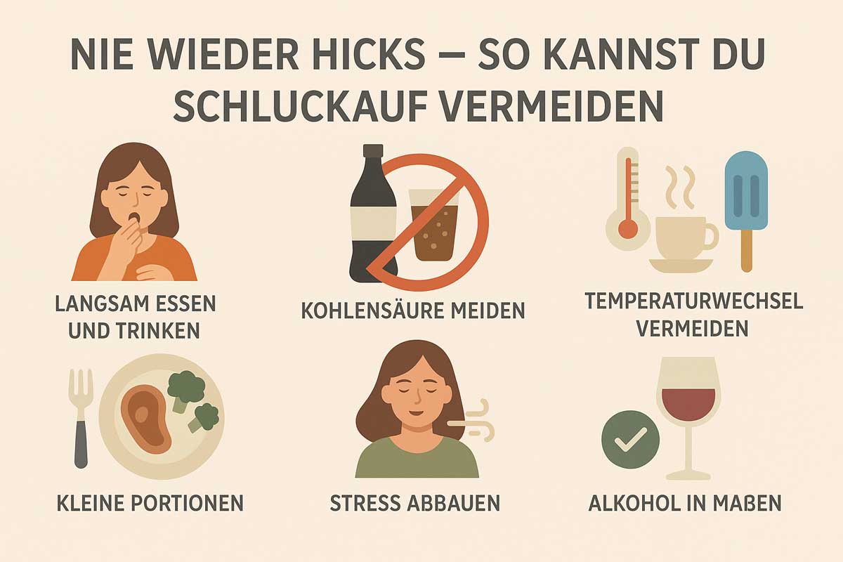 Infografik mit Tipps zur Vermeidung von Schluckauf, einschließlich langsames Essen, Vermeidung von Kohlensäure und mehr.