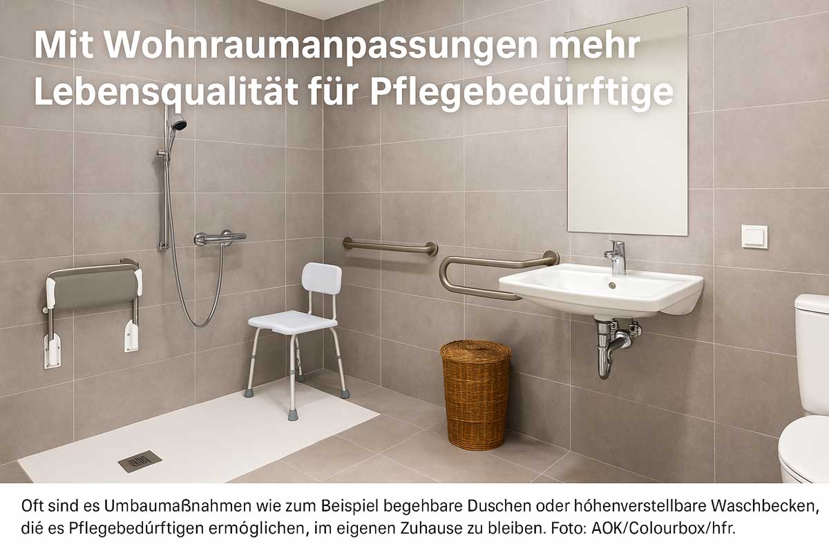 Badezimmer mit Haltegriffen, einer Duschkabine und einem Waschbecken für Senioren.