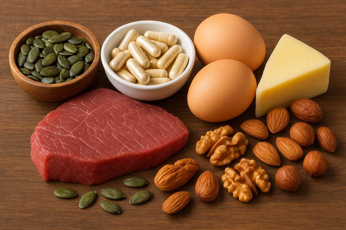 Rohes Rindersteak, Eier, Käse, Nüsse und Nahrungsergänzungsmittel auf einem Holztisch angeordnet.